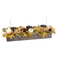 13 Inch H x 31 Inch L Pumpkin/Maple Leaf/Straw Centerpiece With Glass Candleholder