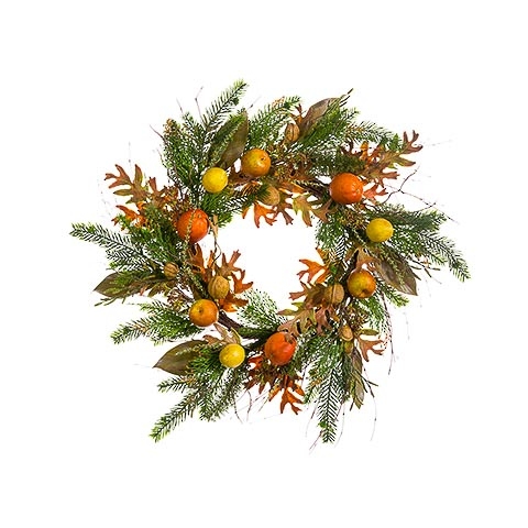 24 Inch Mixed Fruit Oak Leaf Pine Wreath Orange Brown